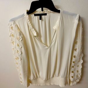 White House, Black market cinched waist blouse with embroidered sleeves,